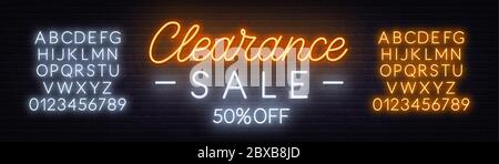 Clearance sale neon sign on dark background. Neon alphabet on a dark background. Template for design. Stock Vector