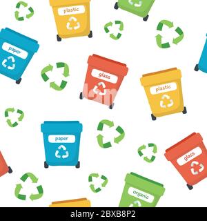 Waste sorting pattern with different colorful garbage bins, concept illustration for recycling, ecology, sustainability Stock Vector