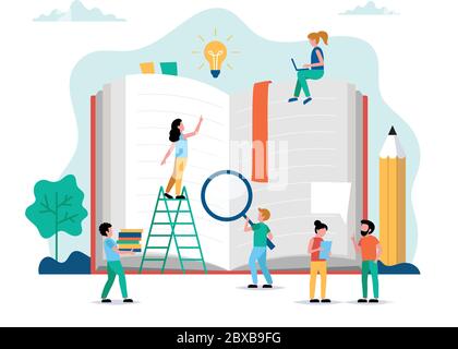 Reading, small people characters doing various tasks around big book. Concept illustration for education, books, university, student, research. Vector Stock Vector
