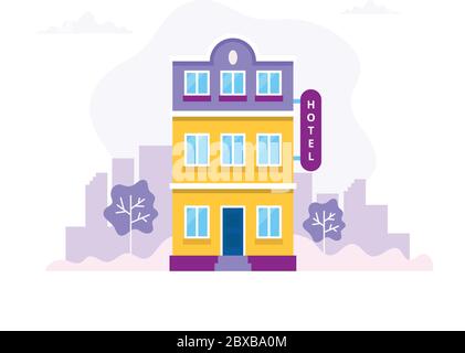 Hotel building with city background. Concept vector illustration in flat style for booking, reservation, travel, architecture, business. Stock Vector
