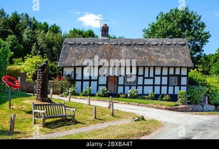 Quintessential idyllic picturesque half timbered black and white thatched roof rural country Cheshire  cottage on the village green at Peckforton UK Stock Photo