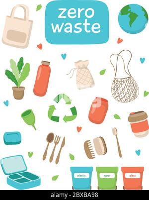 Zero waste concept illustration with different elements and lettering. Sustainable lifestyle, ecological concept. Vector illustration in cartoon style Stock Vector