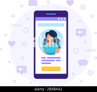 Social media profile. Smartphone with a woman avatar, text and button. Differents icons with likes and messages. Vector illustration in flat style Stock Vector