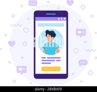 Social media profile. Smartphone with a man avatar, text and button. Differents icons with likes and messages. Vector illustration in flat style Stock Vector