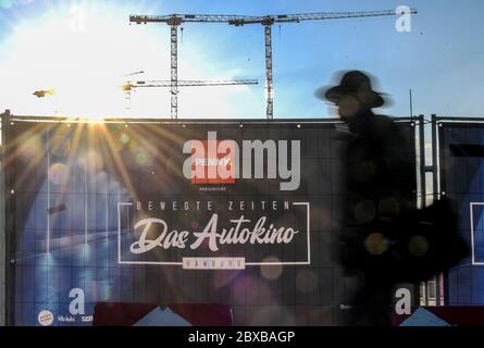 Hamburg, Germany. 06th June, 2020. A man walks in front of the entrance to the drive-in cinema along the Heiligengeist Field. Credit: Axel Heimken/dpa/Alamy Live News Stock Photo