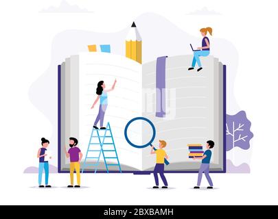 Reading, small people characters doing various tasks around big book. Concept illustration for education, books, university, student, research. Vector Stock Vector