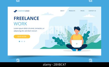 Freelance work page template. Man working with laptop in the park. Illustration for freelancing, remote work, business. Stock Vector