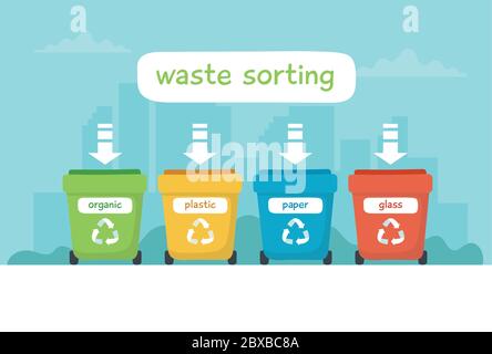 Waste sorting illustration with different colorful garbage bins with lettering, recycling, sustainability. Stock Vector