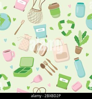 Zero waste concept seamless pattern with different elements. Sustainable lifestyle, ecological concept. Stock Vector