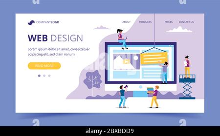 Web design landing page - illustration with small people doing various tasks, big monitor with a website. Stock Vector