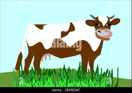 a brown cartoon cow with white spots on his body stands on a green lawn and licks his nose with his tongue Stock Vector