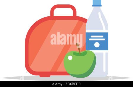 Lunchbox - meal container with water, and an apple. School meal, children s lunch. Vector illustration in flat style Stock Vector