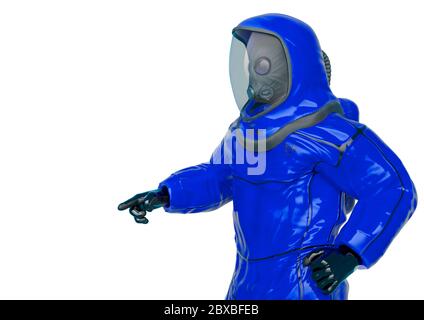 bio hazard man go over there in a white background side view. This ...