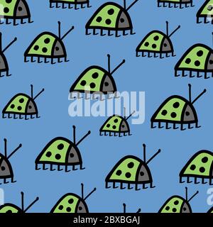 seamless pattern unusual green bugs ladybug with black mustache and spots on a blue background Stock Vector