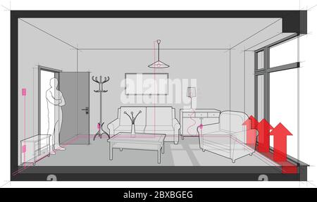 empty room with french window and floor heating and with electric installations and furniture Stock Vector