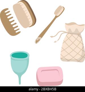 Set of ecological personal hygiene items - wooden toothbrush, menstrual cup, solid soap, brushes, cotton bag. Stock Vector