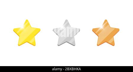 Gold silver bronze badge star reward icon set for computer video game or mobile apps animation. First second third place bonus achievement award. Winner trophy isolated flat sign vector illustration Stock Vector