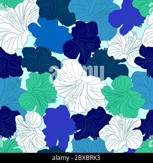 seamless pattern of hibiscus flowers in blue and cyan colors Stock Vector