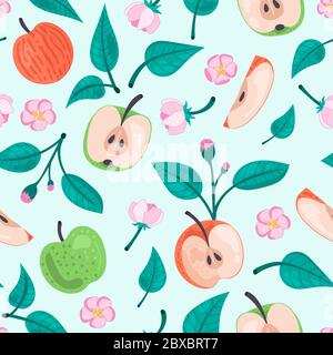 Beautiful seamless pattern. Apples, leaves and flowers on a light background. Vector illustration. Stock Vector