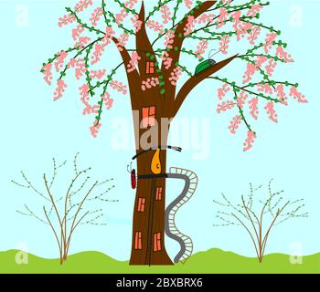 a blossoming tree-house for beetles with orange windows, two stairs and an unusual yellow entrance door. red and green beetle crawling on a tree. imit Stock Vector