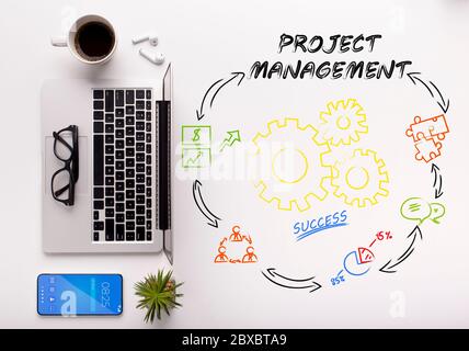 Top view of workspace with laptop and project management scheme Stock Photo