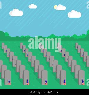 American Flag and Gravestones. Remember and Honor. Tombstone Set. Cemetaty, Graveyard and Stones Stock Vector