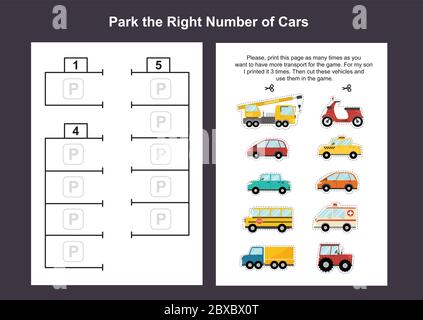 Car parking lot printable game template for kids Stock Vector