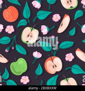 Beautiful seamless pattern. Apples, leaves and flowers on a dark background. Vector illustration. Stock Vector