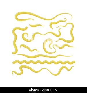 Set of Different Mustard Splashes. French, Bavarian or Dijon Yellow Sauce. 3d Illustration. Fresh Blobs and Drops. Stock Vector