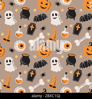 Halloween seamless pattern, illustration with pumpkins, eyes, ghost, bones, bats. Vector illustration in flat style Stock Vector