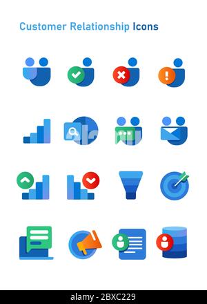 CRM customer relationship icons set collection blue color white isolated background object of funnel marketing Stock Vector