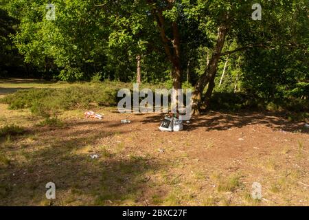 Picnic rubbish casually discarded under tree in open parkland with no concern for the environment Stock Photo