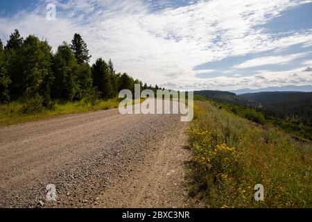 Ashton-Flagg Ranch Road, forest road 216, is a gravel road in the Caribou-Targhee National Forest, part of the Great Divide Mountain Bike Route. Stock Photo