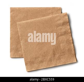 two brown paper napkins isolated on white background, top view Stock Photo