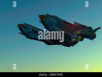 super alien spaceship far way from home. This ship in clipping path will put some fun at yours creations, 3d illustration Stock Photo