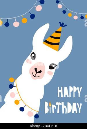 Happy birthday card with cute cartoon llama design. Stock Vector