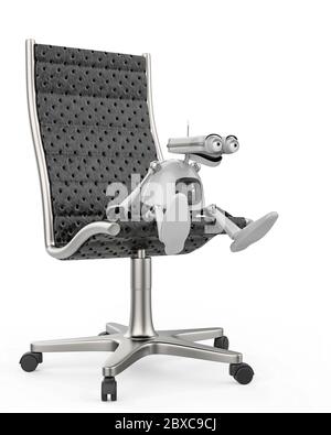 vintage robot boss is on the chair in a white background. This bot will put some fun in yours creations, 3d illustration Stock Photo