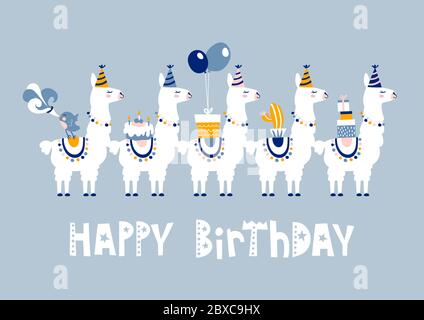 Happy birthday card with cute cartoon llama design Stock Vector