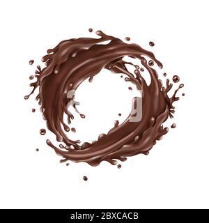 Liquid chocolate splashes circle on a white background Stock Vector