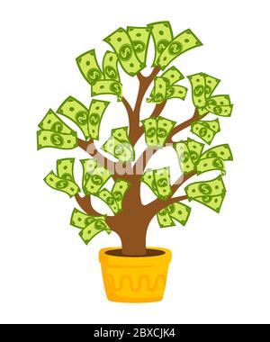 Money tree with banknotes. Flat cartoon potted house plant ceramic. Growing green dollar sprouts rising from pot. Hundreds dollars, paper bills. Isolated vector illustration Stock Vector