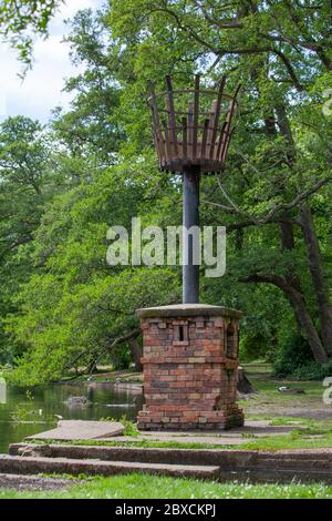 Boultham Park, Lincoln, Originally the park for the Boultham Hall, opened as a public park for the people of Lincoln, Park beacon, Beacon beside lake. Stock Photo