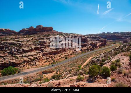 Mesa and Butte landscape and US route 191 in Arches National Park, Moab, Utah, USA. Stock Photo