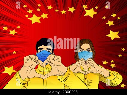Pop Art Young handsome man and beautiful woman wearing face mask and doing love sign with their hands - comic book style, cartoon vector Stock Vector