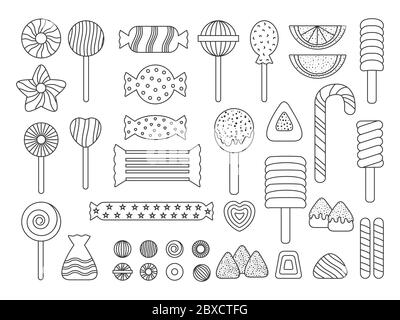 Set of line sweet candy icon. Shape candies simple contour template. Logo design of dessert jelly, candy cane assortment, lollipop, dragee. Outline great for design poster Isolated vector illustration Stock Vector