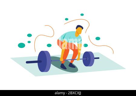 Illustration of a boy doing sports by lifting weights. Flat style cartoon character with orange and green colors. The concept of activities in home. Stock Vector