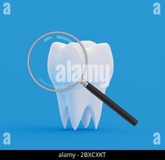 Tooth under a magnifying glass on blue background. Research and ...
