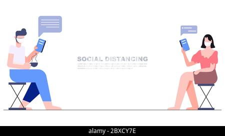 Two people sitting separate keep distance chat online with mobile phone in hand. Social distancing concept. New normal lifestyle after covid-19 pandem Stock Vector