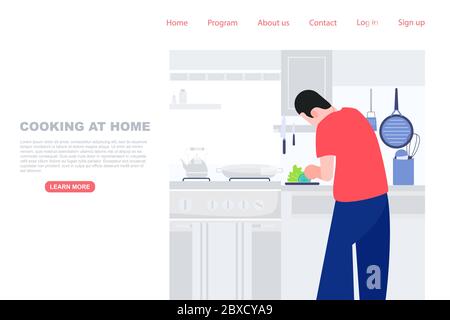 Man prepare meal in the kitchen. Cooking at home, stay at home concept. Landing page digital screen website vector illustration Stock Vector