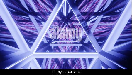 Abstract fashion background, blue pink neon triangular portal, glowing lines, tunnel, corridor, virtual reality, triangular metal arch, triangle. 3d i Stock Photo