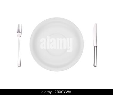 Empty dinner plate, fork and knife isolated on white, view from above. 3d render Stock Photo